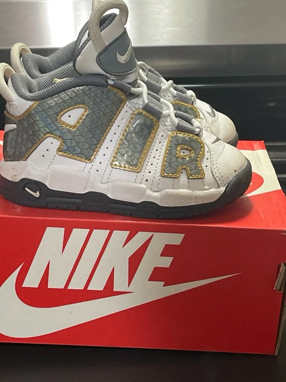 Nike White, Gray & Gold Kids' Air More Uptempo Sneakers